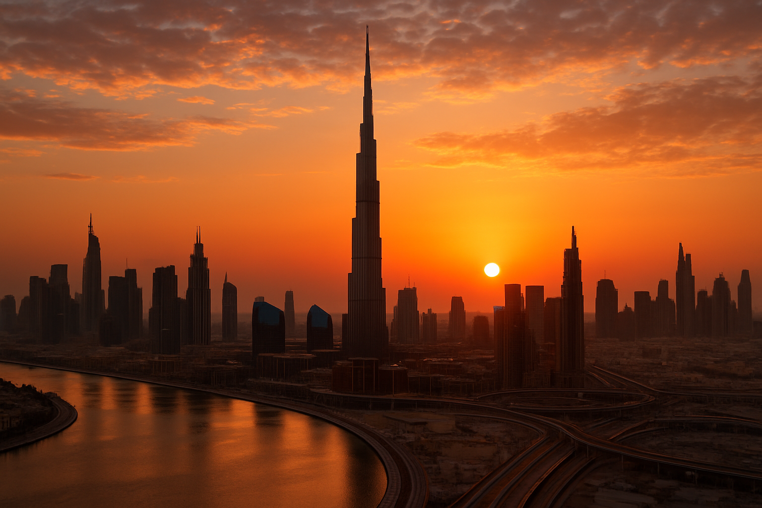 Dubai skyline with Burj Khalifa at sunset