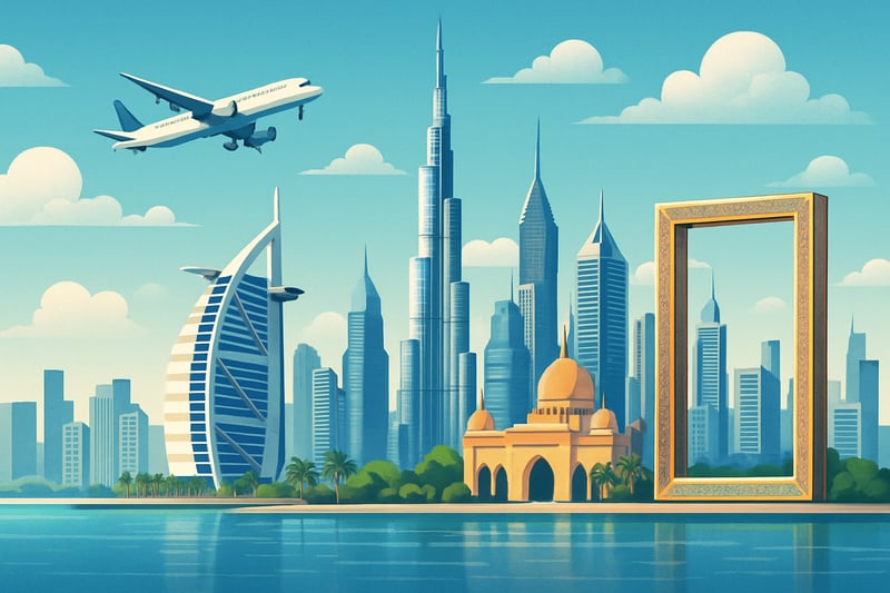 Dubai skyline with famous landmarks representing travel and tourism. Dubai skyline with famous landmarks representing travel and tourism.