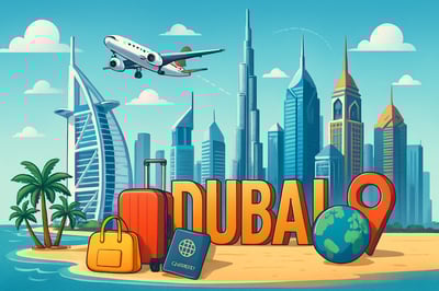Dubai skyline with iconic landmarks and travel elements