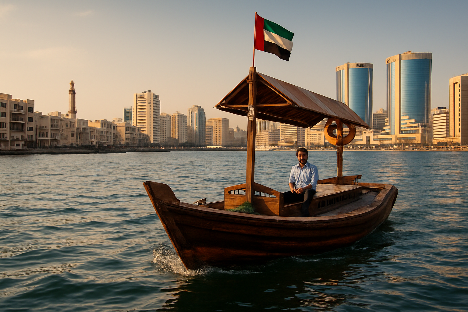 Traditional abra boat on Dubai Creek with cityscape view